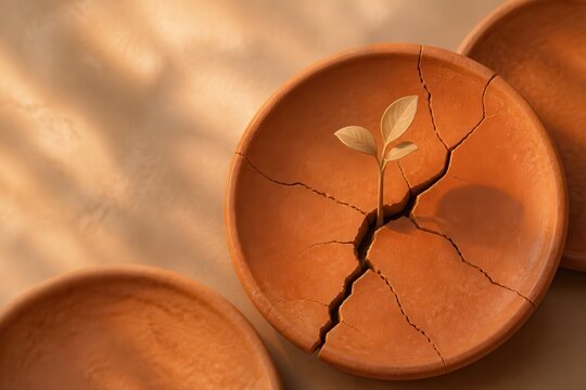 Terracotta Plate with Seedling Symbolizing Renewal and Sustainable Growth