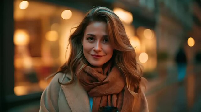 Paris, France, Europe. A portrait of a woman standing on a city street at night, illuminated by warm, golden light. She wears a beige coat and a brown scarf, holding a black coffee cup in her hands.