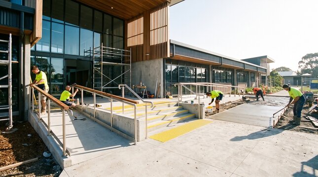 Construction workers renovating the entrance area of a modern school building  