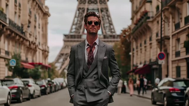 Paris, France, Europe. A portrait of a man standing on a Parisian street, with the Eiffel Tower in the background. He wears a sharp, tailored gray suit, a crisp white shirt, and a patterned tie.