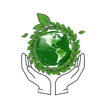 Green earth in protective hands with leaf wreath isolated on transparent background