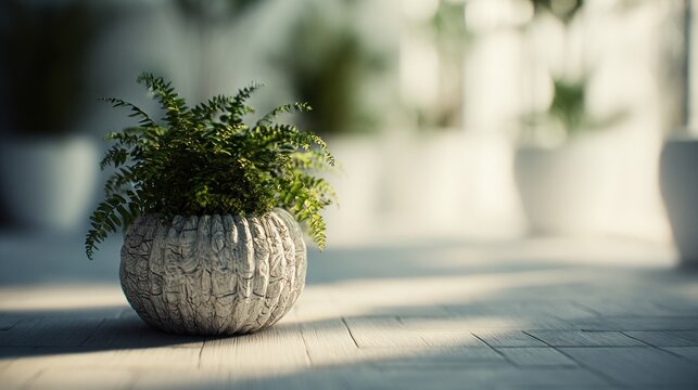 Serene indoor scene with a potted fern on a light wooden floorbathed in natural sunlight
