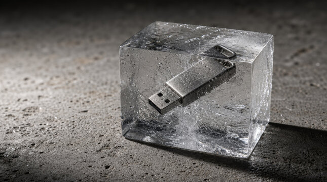 Surreal concept of a titanium USB drive frozen inside a clear block of ice on a grey concrete table for a cold storage cybersecurity campaign
