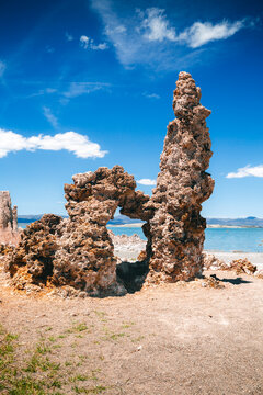 Unique tufa rock formation at Mono Lake under blue summer sky, California