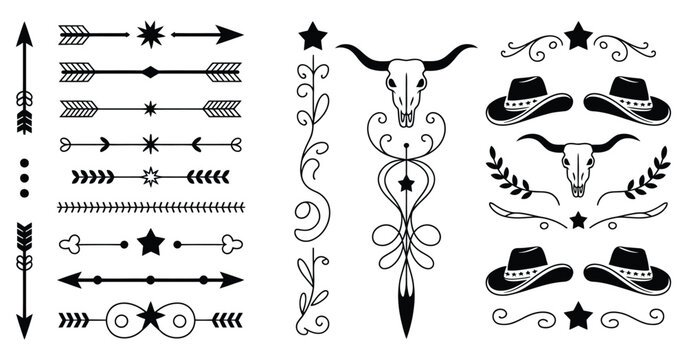 Old western decorative line dividers vector featuring vintage ornamental borders, rustic cowboy motifs, retro accents and timeless decorative elements for posters, packaging, certificates, logos 