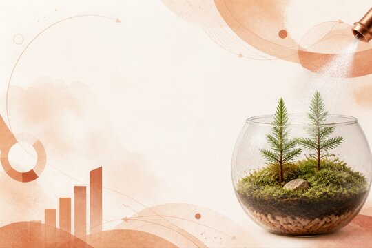 Sustainable growth concept in glass terrarium with young trees