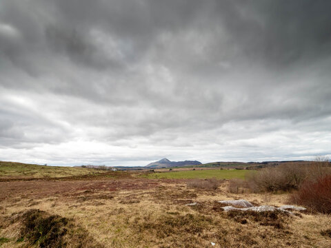 Open field with dry grass and shrubs under cloudy sky. Distant hills and low-lying clouds create moody atmosphere. No animals or specific plant species visible