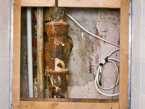 Exposed plumbing and wooden framing in tiled bathroom wall. Rusty pipes and exposed fixtures show renovation progress. Brown water filter attached to wall below frame