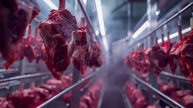 Cold storage meat facility with hanging raw beef cuts