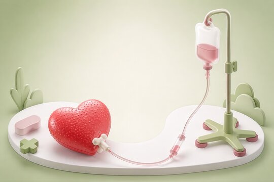 Cardiovascular heart with IV drip 3D medical concept