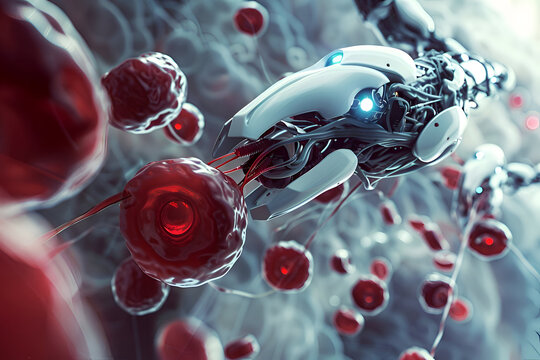 Futuristic nanotechnology: advanced medical nanobot interacting with blood cells in microenvironment