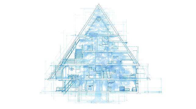 Blueprint of christmas tree house with detailed architectural design and interior layout