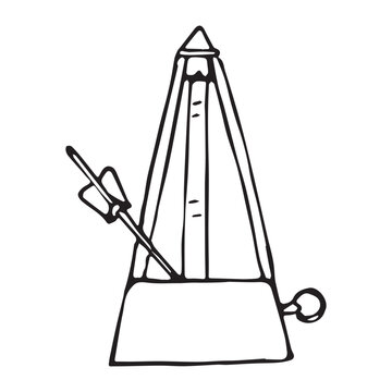 Metronome hand drawn illustration, mechanical music tempo tool line doodle, piano lesson sketch isolated, vector art