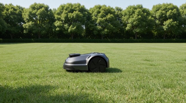 Robotic lawn mower autonomously trims green grass in a neat backyard garden. Modern garden device cuts lawn for perfect yard maintenance and home care. Technology works outdoors.