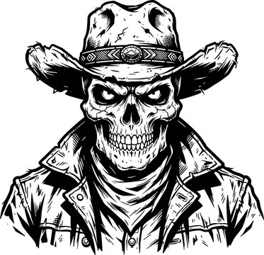 Gritty black and white illustration of a skull cowboy wearing a weathered hat and jacket