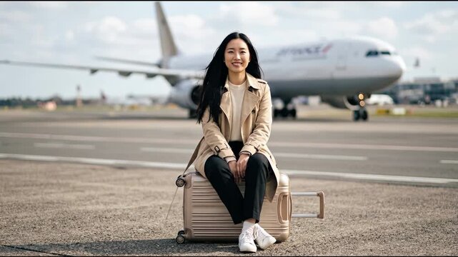 Young Woman Sitting Confidently on Luggage at Airport with Airplane Ready for Takeoff Adventure