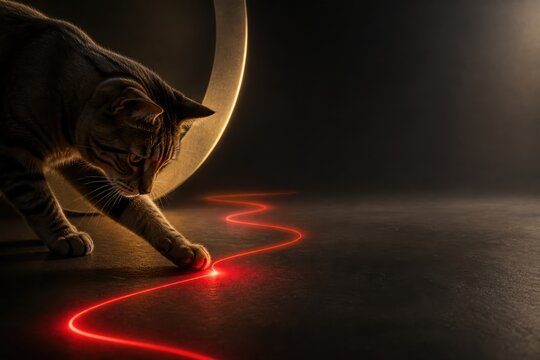 Tabby Cat Touching a Glowing Red Line in Dark Light