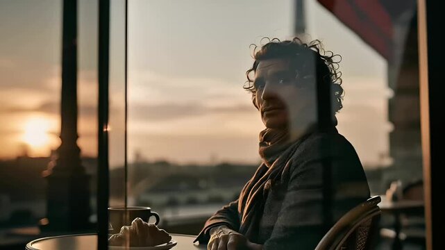 Paris, France, Europe. A man with curly hair sits at a table, gazing out a window at the Eiffel Tower. He wears a dark sweater and a scarf, and holds a cup of coffee in his hand.