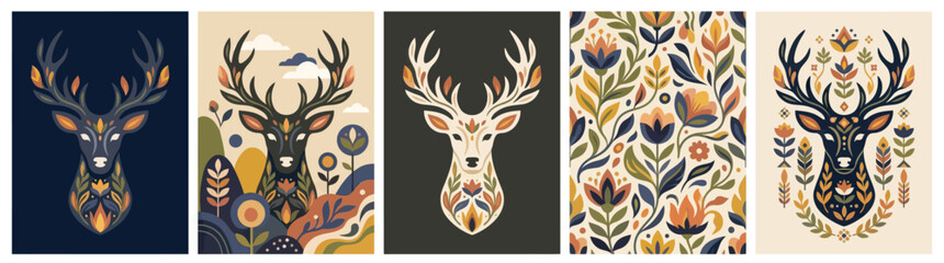 Folk Art Deer Head Portrait with Floral Patterns, Nordic Style, Pixel Art Illustration © Adnan