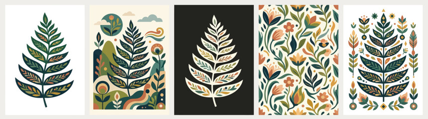 Abstract Folk Art Floral Fern Leaf and Botanical Patterns, Scandinavian Inspired © Adnan