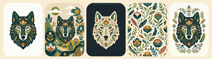 Folk Art Wolf Head with Floral and Nature Motifs, Scandinavian Style, Vector Illustration © Adnan