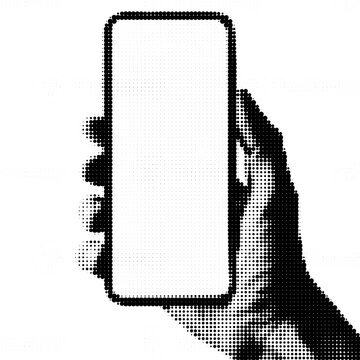 halftone Hand holding smartphone with checkered sleeve