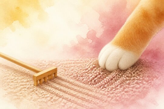 Pet Care Cat Paw on Carpet with Grooming Rake Watercolor Illustration