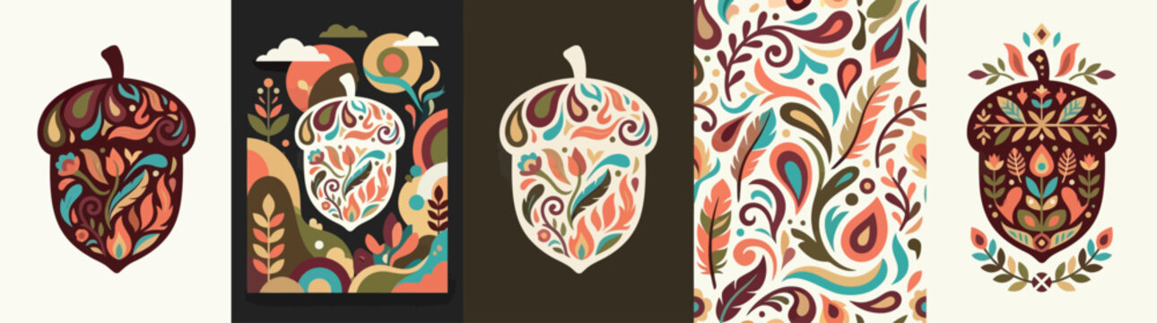 Decorative Acorn Illustration with Autumnal Patterns and Nature Elements