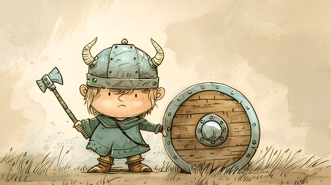 Cartoon viking child with horned helmet, axe, and shield in a rustic setting