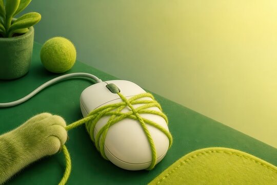 Playful Cat Paw Tied to Computer Mouse in Green Scene