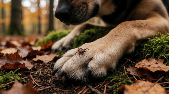 Macro shot of dangerous tick parasite crawling on brown dog paw during forest walk. Small insect travels over canine leg among fallen autumn leaves. Animal health protection against mites, lyme