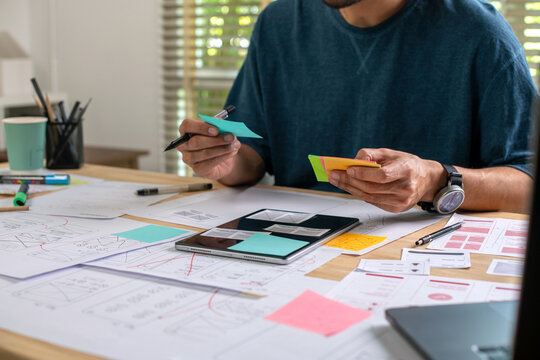 UX UI designer working on wireframes for a website and mobile app prototype, surrounded by sketches of user-flow and design tools, in concept of website and mobile application design concept.