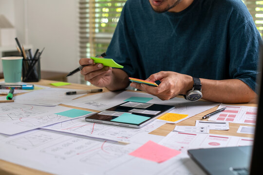 UX UI designer working on wireframes for a website and mobile app prototype, surrounded by sketches of user-flow and design tools, in concept of website and mobile application design concept.