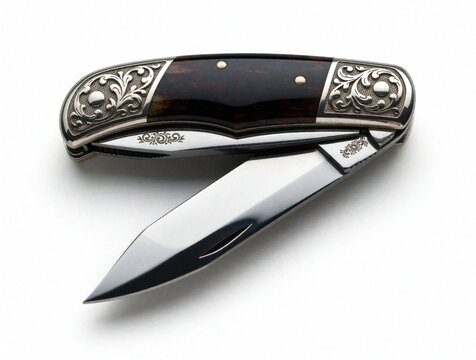 Ornate folding pocket knife made of steel and dark wood. Features intricate silver metalwork on the handle and polished sharp blade, isolated on white background for detail. Practical accessory.