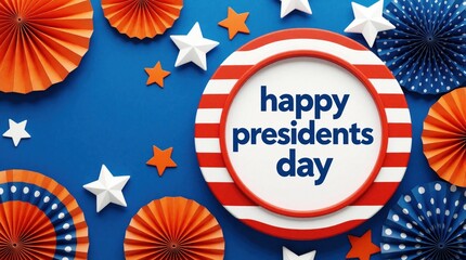 Obraz premium Happy Presidents Day greeting with festive paper fans, stars on blue background. Red white striped circular decor frame adds patriotic style. Bright holiday party art design for american national