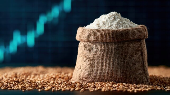 Burlap sack of flour with wheat grains and financial graph background. Agricultural market concept for trade.