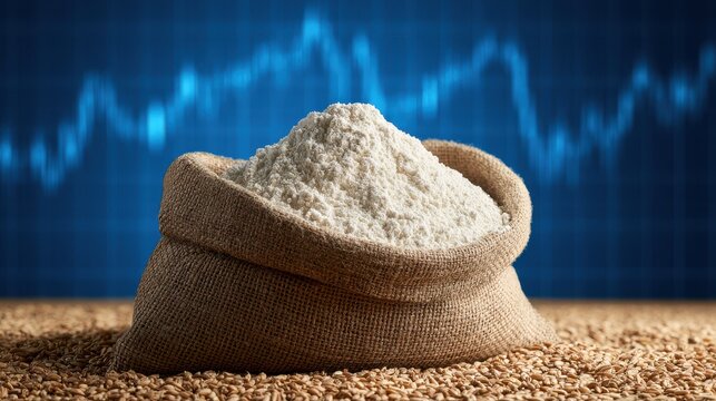 Burlap sack filled with white flour sitting on grain with stock market charts behind. Food commodity trading and.