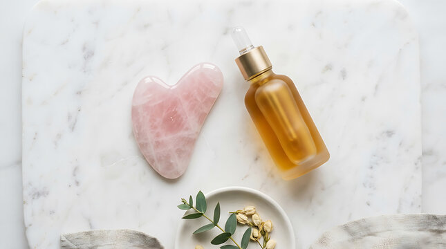 Rose quartz gua sha and facial oil serum on white marble background
