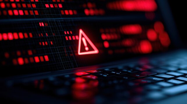Digital warning symbol on a dark screen with red alerts. Cybersecurity concept for data breach and system failure.