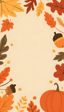 Autumn leaves border frame. Fall season background with pumpkin and acorn illustrations.