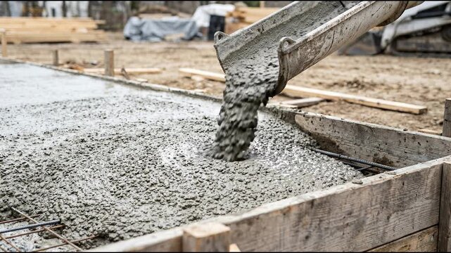 Concrete Construction Concept of a Professional Worker Pouring Fresh Cement into Wooden Formwork Molds in a Residential Building Project for Solid Foundations