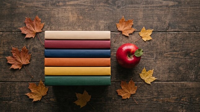 Stack of Colorful Hardcover Books with a Fresh Red Apple and Autumn Maple Leaves on a Rustic Wooden Background for Education Concepts