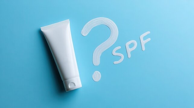White sunscreen tube and question mark with SPF text on blue background. Beauty and skincare concept.