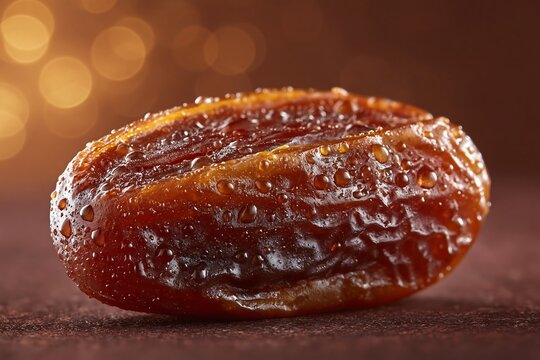 Macro of fresh date cut open showing interior, water droplets, dark brown background with amber glow, soft warm light, sweet fruit photography