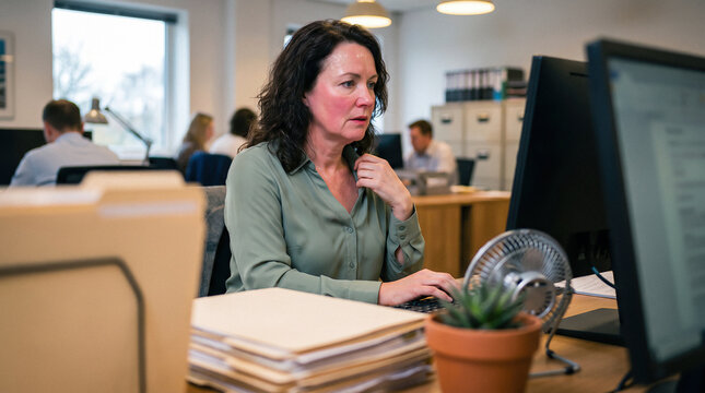 Woman Using a Desk Fan to Cool Down During a Menopause Hot Flash at Work