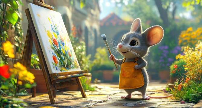 Mouse artist wearing straw hat and paint-splattered apron, painting colorful landscape on wooden easel with careful brushstrokes and creative passion