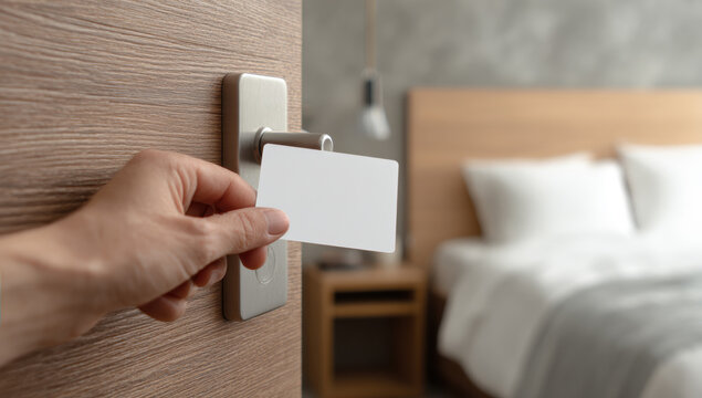 Hand holding blank keycard opening hotel room door, accessing hospitality accommodation, contactless check-in security
