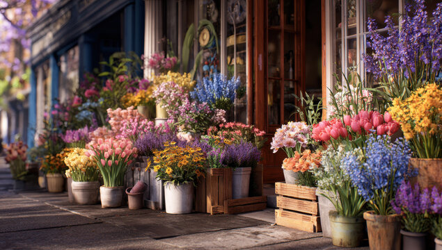 Colorful flower shop exterior view with an abundant display of fresh blooming flowers, creating a vibrant spring atmosphere for retail