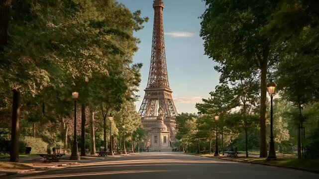 Paris, France, Europe. A vivid portrayal of the Eiffel Tower in Paris, France, bathed in the warm glow of the setting sun. The iconic structure stands tall against a clear blue sky.