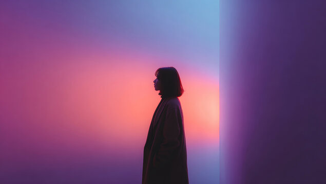 Woman silhouette from back standing in colorful light beam, a concept of contemplating, discovering, or finding inspiration